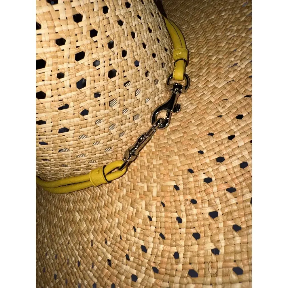 Coach Natural Straw Wide Brim Floppy Sun Hat Yellow Leather Trim One Size NWT - Picture 6 of 11